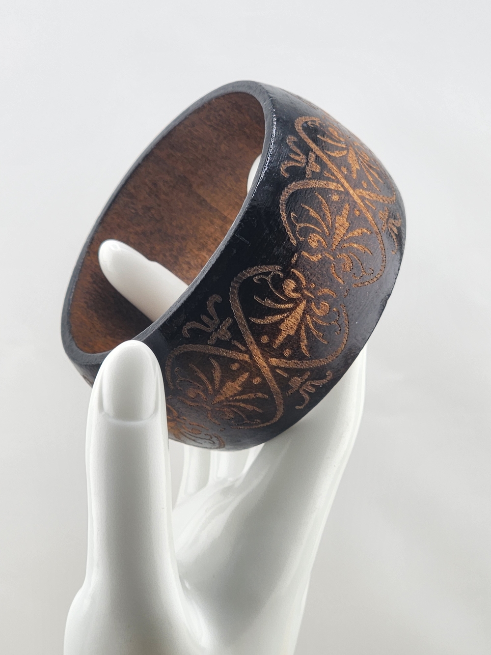 8in Handcrafted Black and Brown Wooden Bangle Bracelet 0588